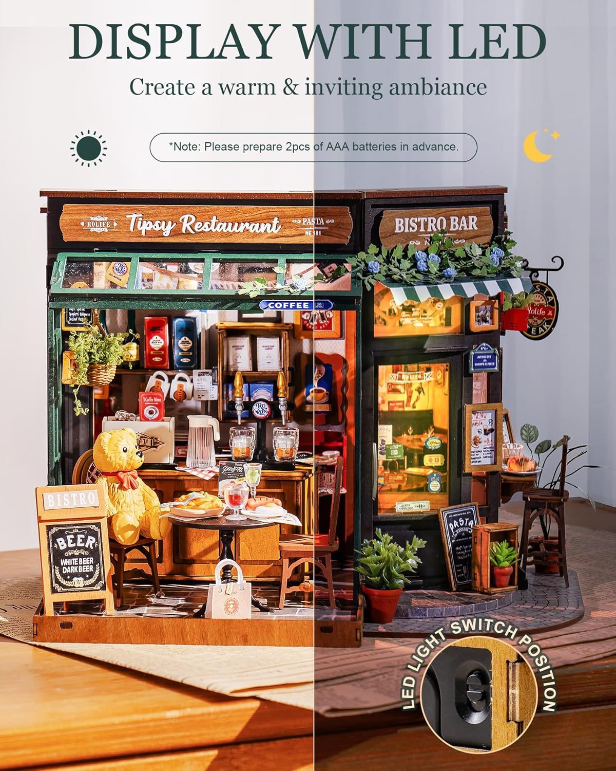 Rolife DIY Miniaturhaus-Bausatz, Modellbausätze für Erwachsene zum Bauen, für Zuhause, Schreibtisch, Bücherregal, Dekoration, Tipsy Restaurant, Bastelsets, Hobbys für Erwachsene, Geschenkidee für alle Altersklassen